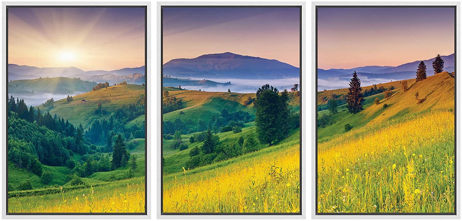 wall26 Framed Canvass Print Wall Art Set Sun Over Green Mountain Range ...