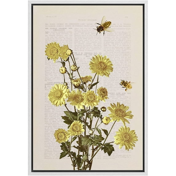 wall26 Framed Framed Canvas Print Wall Art Daisies Flowers with Bees and Newspaper Print Floral Botanical Digital Art Modern Chic Scenic Colorful for Living Room, Bedroom, Office - 16"x24"