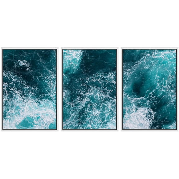 wall26 Framed Wall Art Print Set Aerial View of Dark Ocean Waves Nature Wilderness Photography Modern Art Beach Nautical Colorful for Living Room, Bedroom, Office - 16"x24"x3 WHITE