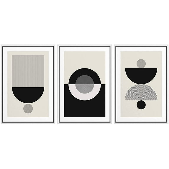 wall26 Framed Wall Art Print Set Black, Gray and White Semi Circle Variety Abstract Patterns Digital Art Modern Art Bohemian Chic Relax/Calm for Living Room, Bedroom, Office - 16"x24"x3 White