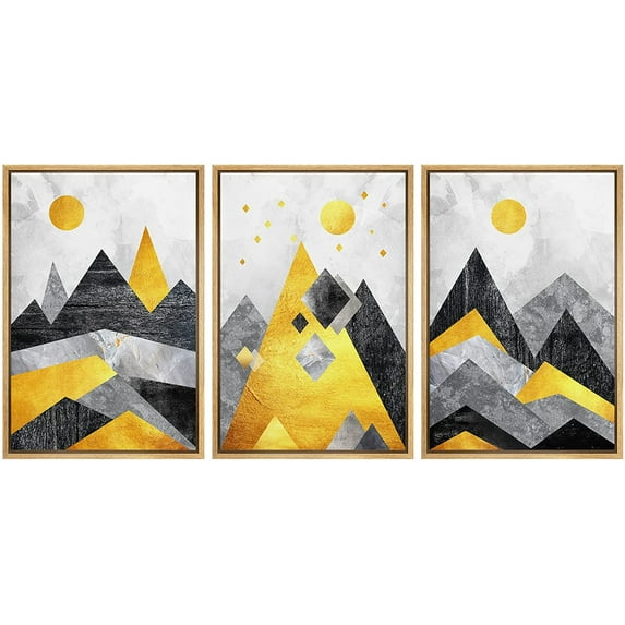 wall26 Framed Wall Art Print Set Black, Yellow and Gray Geometric Mountains Nature Wilderness Illustrations Modern Art Rustic Colorful Multicolor for Living Room, Bedroom, Office - 16"x24"x