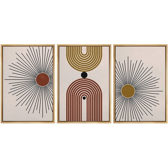 wall26 Framed Wall Art Print Set Boho Brown and Yellow Shining Sun and Polygons Abstract Shapes Illustrations Modern Art Boho Colorful Multicolor for Living Room, Bedroom, Office - 16"x24"x