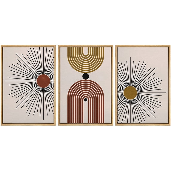 wall26 Framed Wall Art Print Set Boho Brown and Yellow Shining Sun and Polygons Abstract Shapes Illustrations Modern Art Boho Colorful Multicolor for Living Room, Bedroom, Office - 16"x24"x