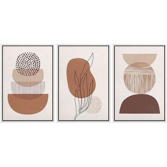 wall26 Framed Wall Art Print Set Brown Polygon and Plant Line Art Geometric Shapes Digital Art Modern Art Boho Scenic Colorful Mid-Century for Living Room, Bedroom, Office - 24"x36"x3 White