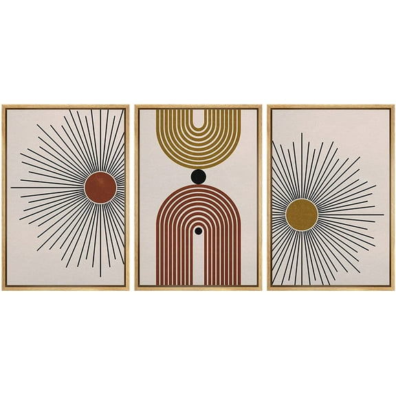 wall26 Framed Wall Art Print Set Brown and Yellow Shining Sun and Polygons Abstract Shapes Illustrations Modern Art Boho Colorful Multicolor for Living Room, Bedroom, Office - 24"x36"x3 Nat