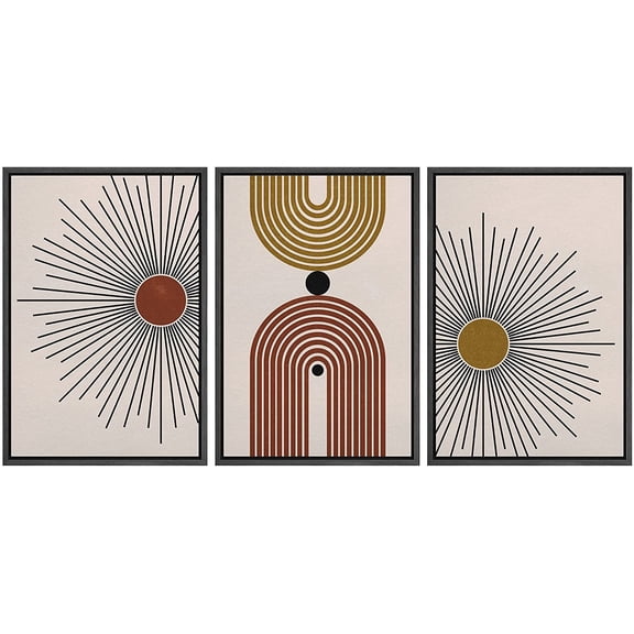 wall26 Framed Wall Art Print Set Brown and Yellow Shining Sun and Polygons Abstract Shapes Illustrations Modern Art Boho Colorful Multicolor for Living Room, Bedroom, Office - 24"x36"x3 Black