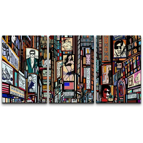 wall26 Framed Wall Art Print Set Comic Book New York City Times Square Cities American Illustrations Modern Art Chic Scenic Colorful Multicolor for Living Room, Bedroom, Office - 16"x24"x3