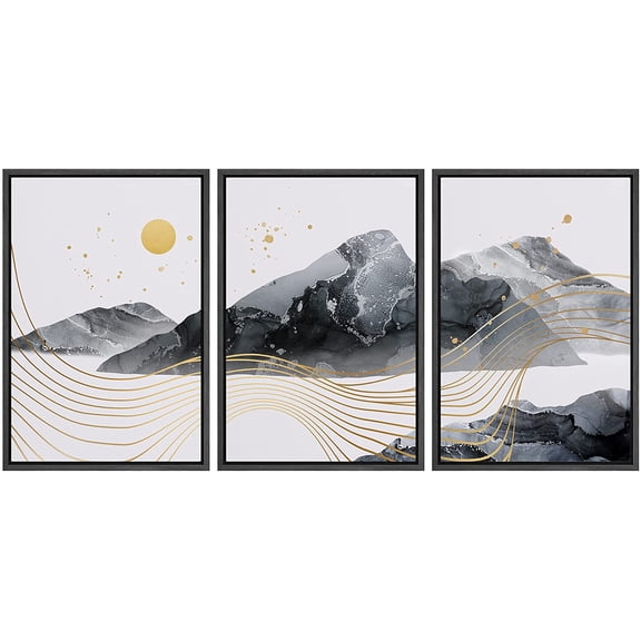 wall26 Framed Wall Art Print Set Golden Line Art Over Double Exposure Mountains Abstract Nature Digital Art Modern Art Bohemian Colorful Dark for Living Room, Bedroom, Office - 16"x24"x3 Bl