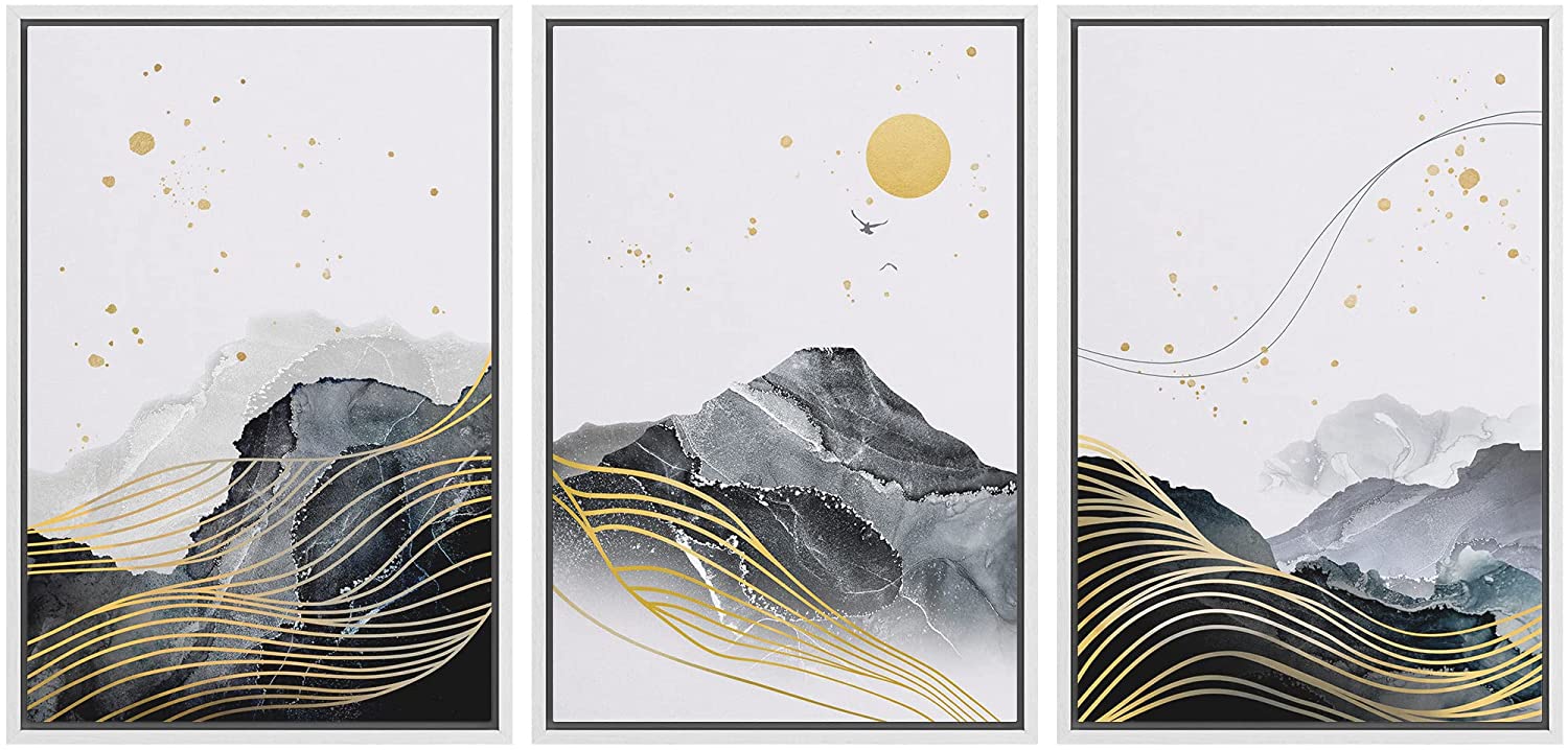 wall26 Framed Wall Art Print Set Golden Line Art Over Misty Mountain ...