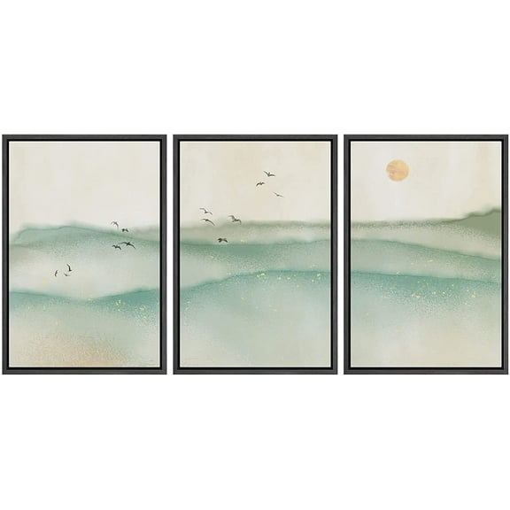 wall26 Framed Wall Art Print Set Green Watercolor Mountains with Birds Nature Wilderness Illustrations Modern Art Rustic Scenic Colorful for Living Room, Bedroom, Office - 16"x24"x3 Black