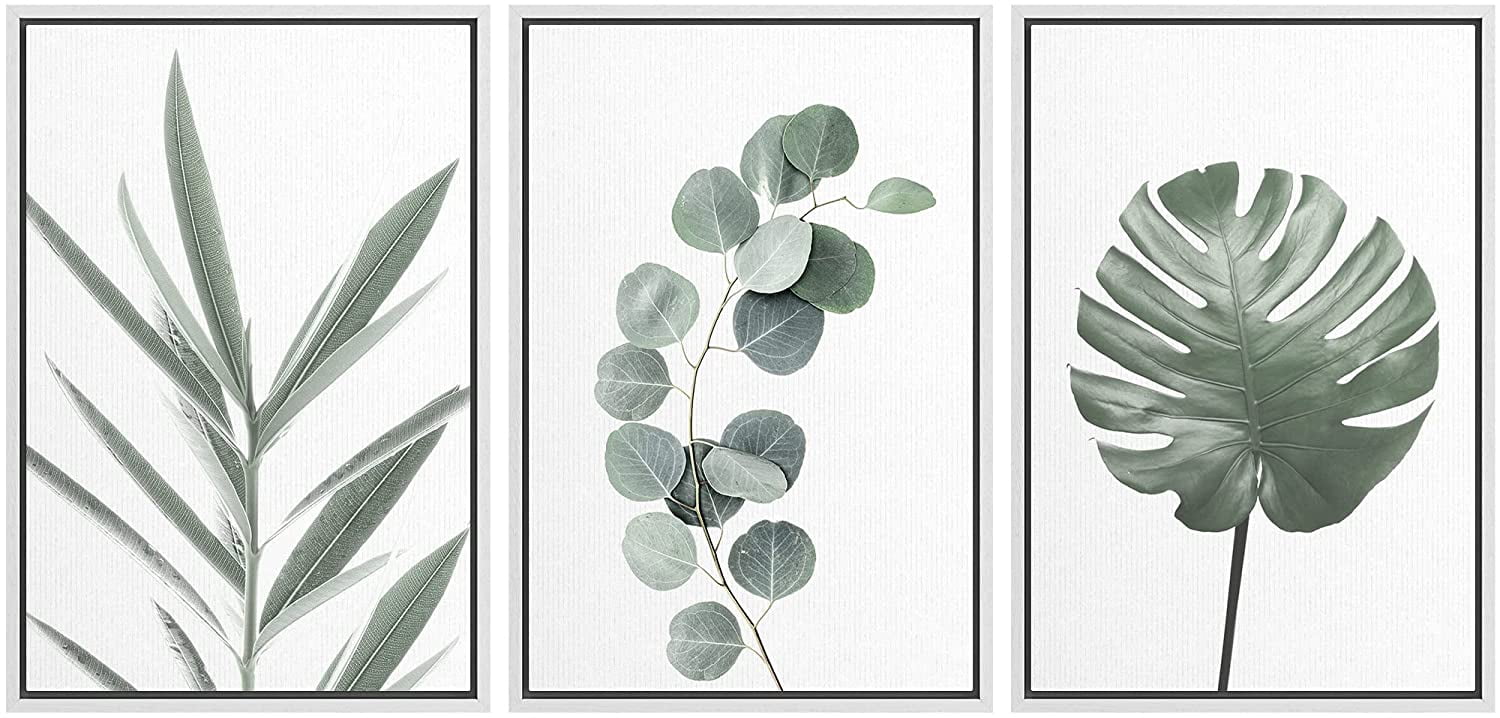 White Framed Geometric Monstera Leaf Canvas Print Set