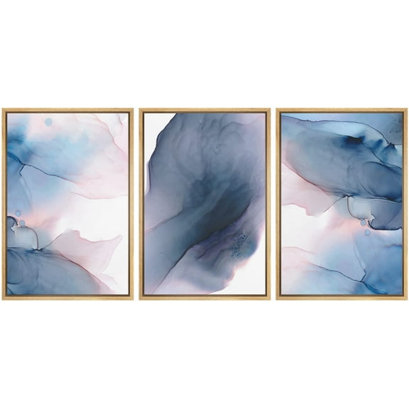 wall26 Framed Wall Art Print Set Navy Blue & Pink Watercolor Ink Collage Abstract Shapes Illustrations Modern Art Chic Colorful Multicolor Neon for Living Room, Bedroom, Office - 16"x24"