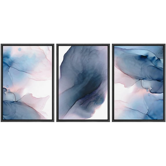 wall26 Framed Wall Art Print Set Navy Blue &amp; Pink Watercolor Ink Collage Abstract Shapes Illustrations Modern Art Chic Colorful Multicolor Neon for Living Room, Bedroom, Office - 24"x36&quot