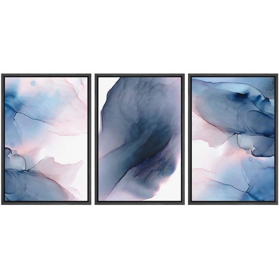 wall26 Framed Wall Art Print Set Navy Blue &amp; Pink Watercolor Ink Collage Abstract Shapes Illustrations Modern Art Chic Colorful Multicolor Neon for Living Room, Bedroom, Office - 24"x36&quot