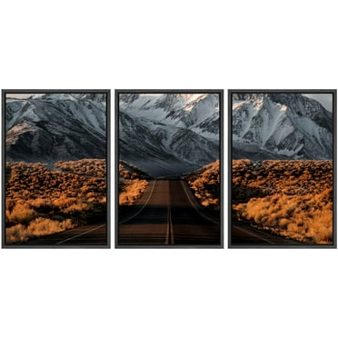 wall26 Framed Wall Art Print Set Road Through Snowy Mountain at Dusk Nature Wilderness Photography Realism Rustic Colorful Multicolor Ultra for Living Room, Bedroom, Office - 16&quot;x24&quot;x3 Blac