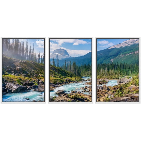 wall26 Framed Wall Art Print Set Rocky River in Sunny Mountain Forest Nature Wilderness Photography Realism Rustic Colorful Multicolor Ultra for Living Room, Bedroom, Office - 24"x36"x3 Whi