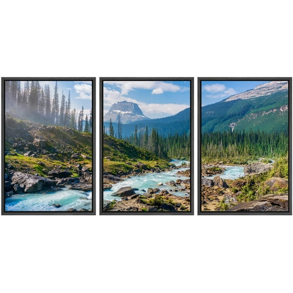 wall26 Framed Wall Art Print Set Rocky River in Sunny Mountain Forest Nature Wilderness Photography Realism Rustic Colorful Multicolor Ultra for Living Room, Bedroom, Office - 16"x24"x3 Bla