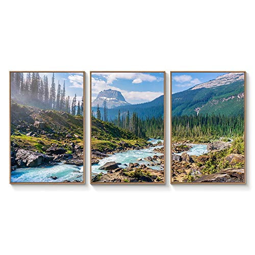 wall26 Framed Wall Art Print Set Rocky River in Sunny Mountain Forest Nature Wilderness Photography Realism Rustic Colorful Multicolor Ultra for Living Room, Bedroom, Office - 24"x36"x3 Nat