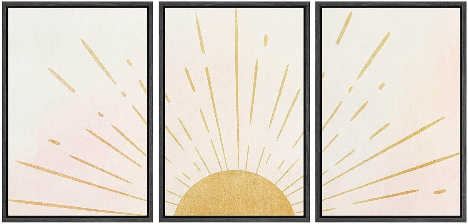 Modern Geometric Yellow Sun Canvas Print Set with Black Frames