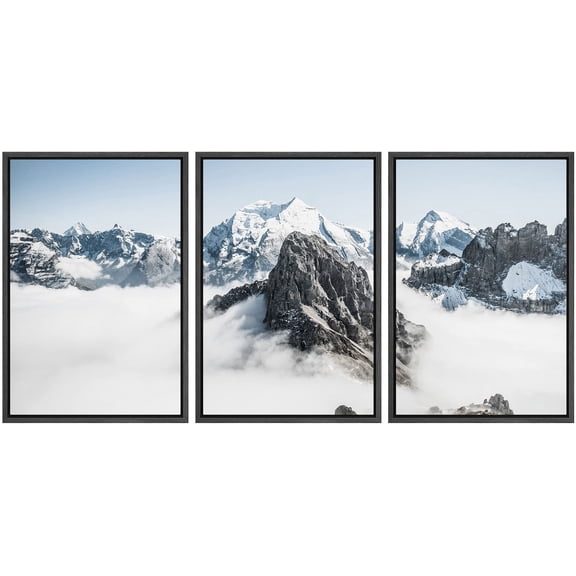 wall26 Framed Wall Art Print Set Snowy Mountain Peaks in The Clouds Nature Wilderness Photography Realism Rustic Colorful Multicolor Ultra for Living Room, Bedroom, Office - 16"x24"x3 Black