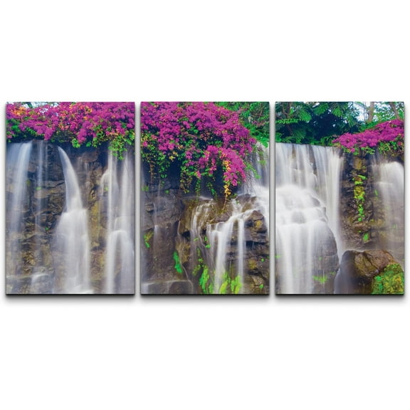 wall26 Framed Wall Art Print Set Tropical Jungle Purple Flowers &amp; Waterfall Nature Wilderness Photography Realism Global Scenic Colorful Multicolor for Living Room, Bedroom, Office - 24"x36&