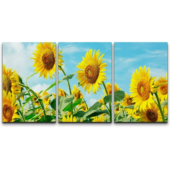 wall26 Framed Wall Art Print Set Vibrant Sunflower Field Under Sunny Sky Nature Wilderness Photography Realism Global Scenic Colorful Multicolor for Living Room, Bedroom, Office - 16"x24"x3