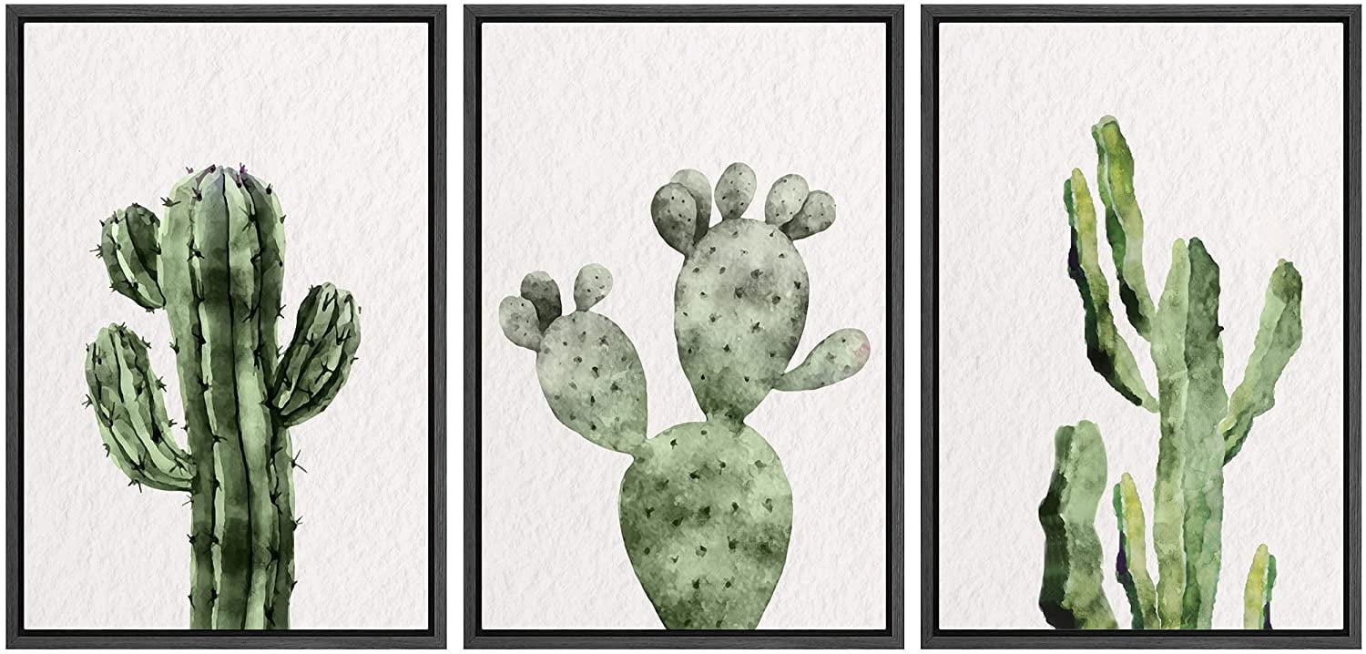 Modern Black Framed Geometric Cactus Canvas Art Set