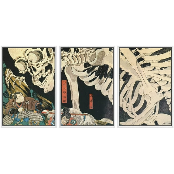 wall26 Framed Wall Art Print Set Witch & Skeleton Ukiyo-E by Utagawa Takiyasha Historic Cultural Illustrations Fine Art Chic Scenic Multicolor for Living Room, Bedroom, Office - 24"x36"