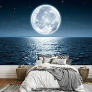 wall26 - Full Moon Rising Over The Ocean Empty at Night with Copy Space - Removable Wall Mural | Self-Adhesive Large Wallpaper - 66x96 inches