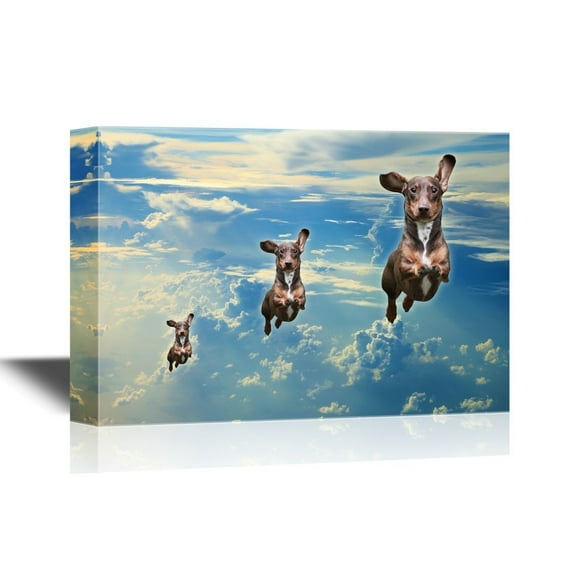 wall26 - Funny Flying Animals Canvas Wall Art - Three Dogs Flying in a Line in The Clear Sky - Gallery Wrap Nursery Wall Decoration/Kids' Room Art | Ready to Hang - 12x18 inches