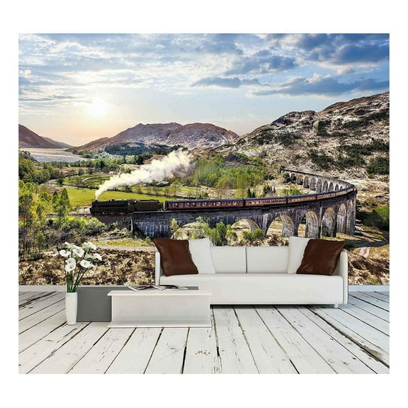 wall26 - Glenfinnan Railway Viaduct in Scotland with The Jacobite Steam Train Against Sunset Over Lake - Removable Wall Mural | Self-Adhesive Large Wallpaper - 66x96 inches