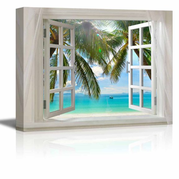 wall26 -Glimpse into Beautiful Tropical Beach with Palm Tree out of Open Window | Modern Wall Decor/Home Decoration Stretched Gallery Canvas Wrap Giclee Print & Ready to Hang - 36" x 48"
