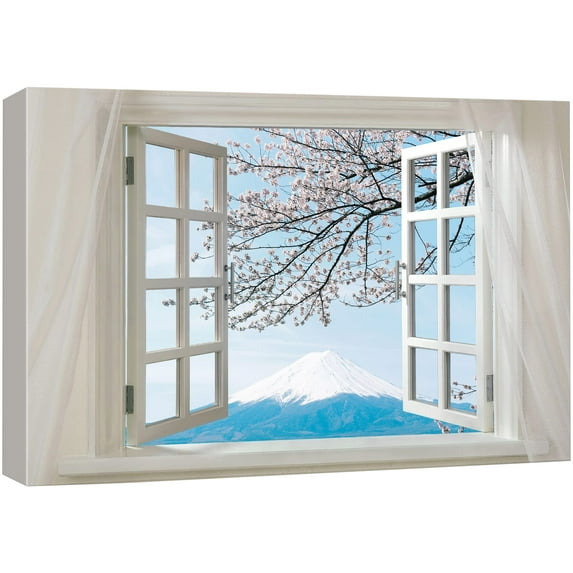 wall26 - Glimpse into Cherry Blossom with Mountain Fuji from Afar out of Open Window | Modern Wall Decor/Home Decoration Stretched Gallery Canvas Wrap Giclee Print & Ready to Hang - 36" x 48