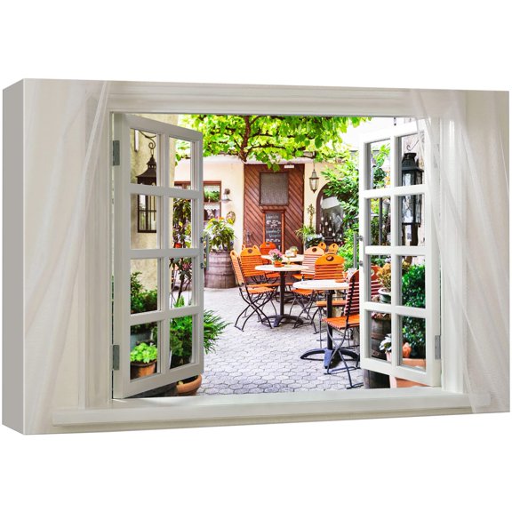 wall26 - Glimpse into Coffee Shop with Wood Tables and Chairs out of Open Window | Stretched Gallery Canvas Wrap Giclee Print & Ready to Hang - 32" x 48"