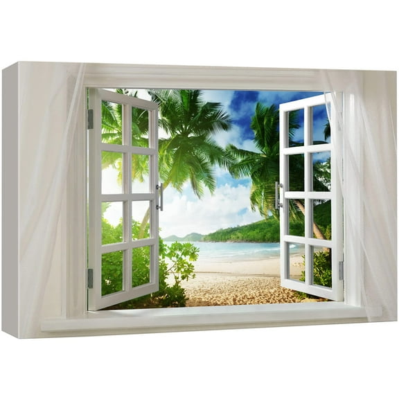 wall26 Glimpse into Beautiful Tropical Beach with Palm Trees Out of Open Window - Canvas Art Wall Art - 24" x 36"