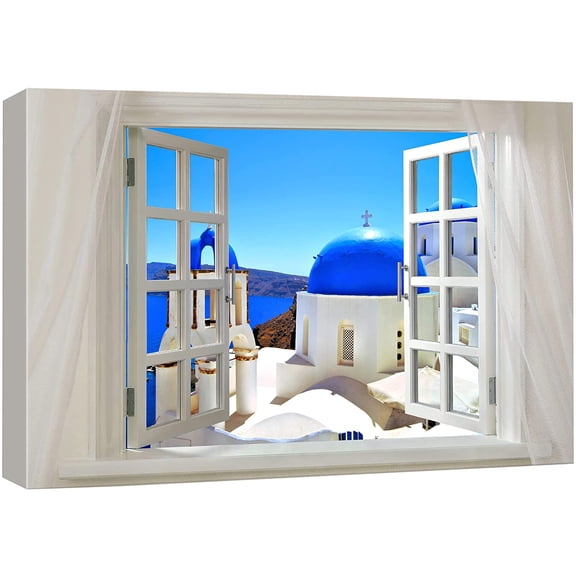 wall26 Glimpse into Blue Domed Churches in Santorini Greece Out of Open Window - Canvas Art Wall Art - 12"x18"