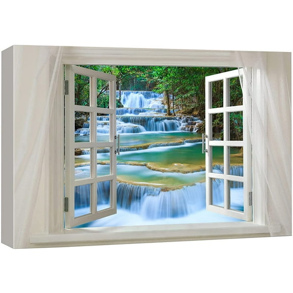 wall26 Glimpse into Cascading Waterfalls in The Forest Out of Open Window - Canvas Art Wall Art - 16"x24"