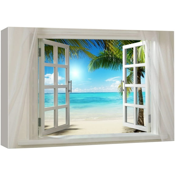 wall26 Glimpse into Sunshine and White Beach Out of Open Window Canvas Wall Art Stretched Canvas Prints - 24" x 36"