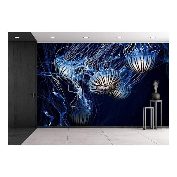 wall26 - Glowing Jellyfish Under Deep Ocean - Removable Wall Mural | Self-Adhesive Large Wallpaper - 100x144 inches