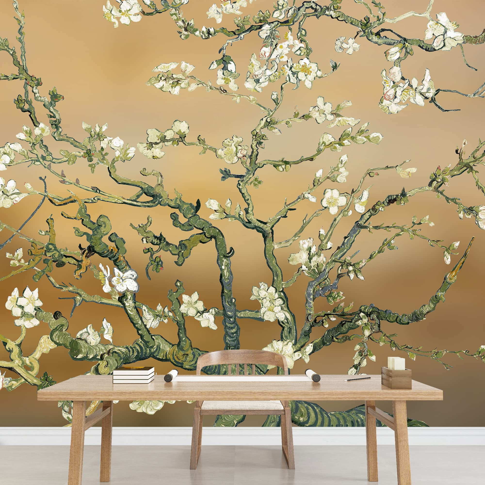 Gold Almond Blossom Floral Wall Mural, 100" x 144", Self-Adhesive