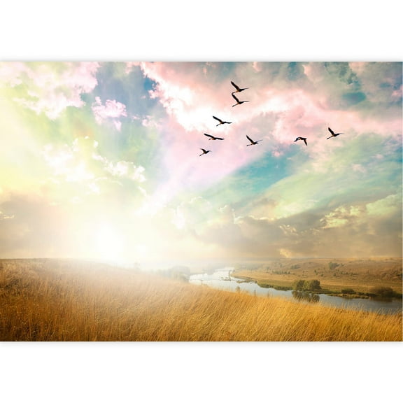 wall26 - Green Field of Grass and Flying Birds - Removable Wall Mural | Self-Adhesive Large Wallpaper - 66x96 inches