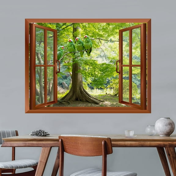 wall26 - Green Parrots Sitting on The Branch Outside an Open Window | Removable Wall Sticker/Wall Mural - 36"x48"