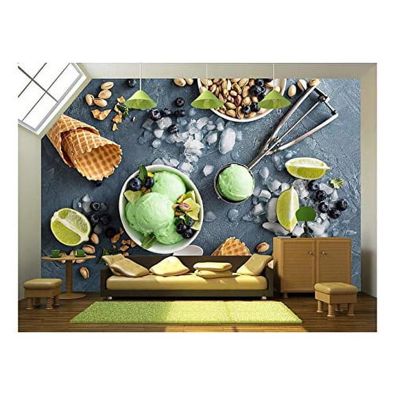 wall26 - Green Refreshing Lime Pistachio Ice Cream in White Bowl Overhead Shot - Removable Wall Mural | Self-Adhesive Large Wallpaper - 66x96 inches