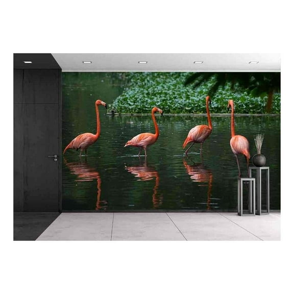 wall26 - Group of Flamingo Bird in Lake - Removable Wall Mural | Self-Adhesive Large Wallpaper - 66x96 inches