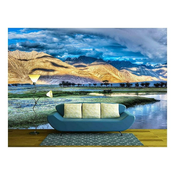 wall26 - HDR (High Dynamic Range) Image of Nubra River in Nubra Valley in Himalayas, Hunder, Ladakh, India - Removable Wall Mural | Self-Adhesive Large Wallpaper - 100x144 inches