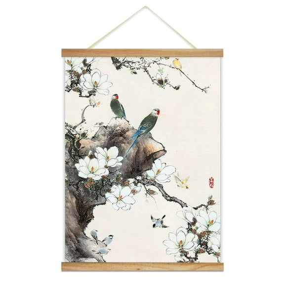 wall26 - Hanging Poster with Wood Frames - Chinese Ink Painting of Birds and Flowers - Ready to Hang Decorative Wall Art - 18"x24"