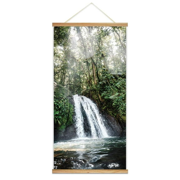 wall26 - Hanging Poster with Wood Frames - Waterfall in The Rain Forest - Ready to Hang Decorative Wall Art - 18"x36"