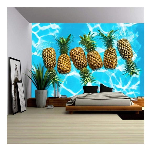 wall26 - Healthy Raw Organic Food. Fresh Ripe Pineapples Floating in Pure Water in Swimming Pool. - Removable Wall Mural | Self-Adhesive Large Wallpaper - 100x144 inches