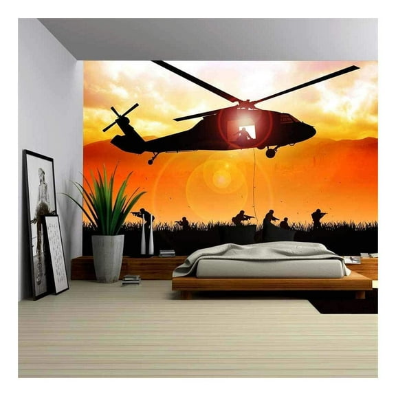 wall26 - Helicopter is Dropping The Troops - Removable Wall Mural | Self-Adhesive Large Wallpaper - 100x144 inches