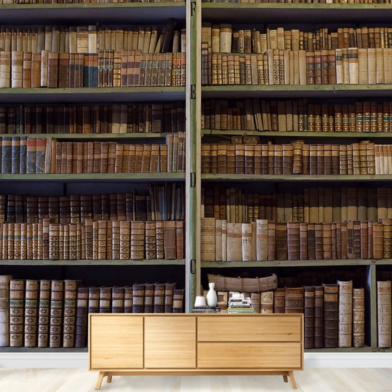 wall26 - Historic Old Books in Ancient Library, Wooden Bookshelf - Removable Wall Mural | Self-Adhesive Large Wallpaper - 66x96 inches